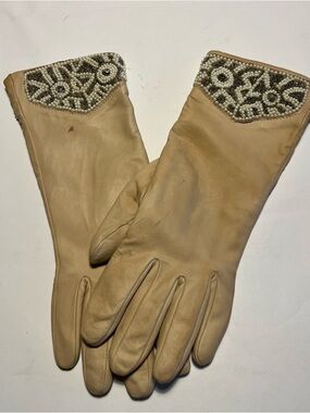 Leather Gloves Lined-Luxury Seed Pearls/Gold Bead Trim Womens sz L-VINTAGE